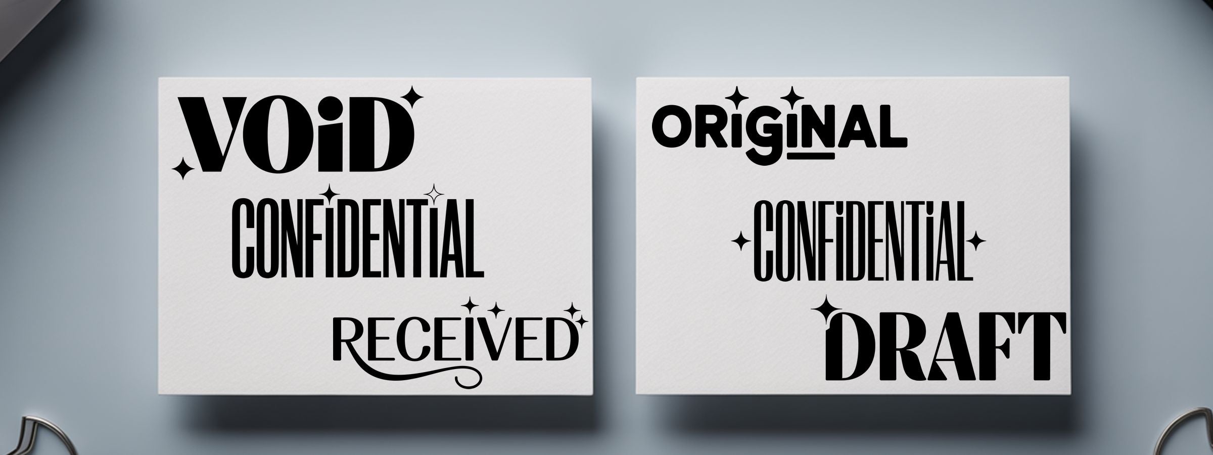Glam Stock Stamps: two minimalist white posters on a gray wall with black text reading VOID, CONFIDENTIAL, RECEIVED, ORIGINAL, and DRAFT.
