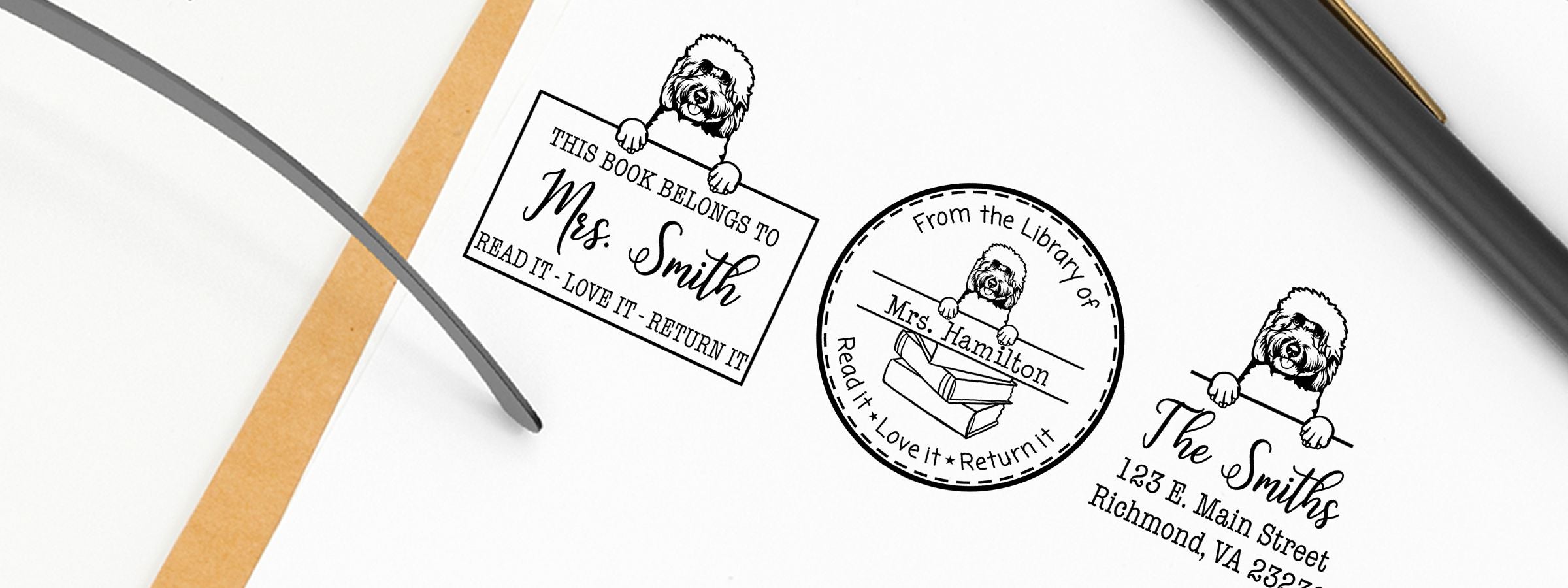 Mockup of custom book labels and Goldendoodle Dog Stamps and Custom Seals on a white page with pen and book edge.