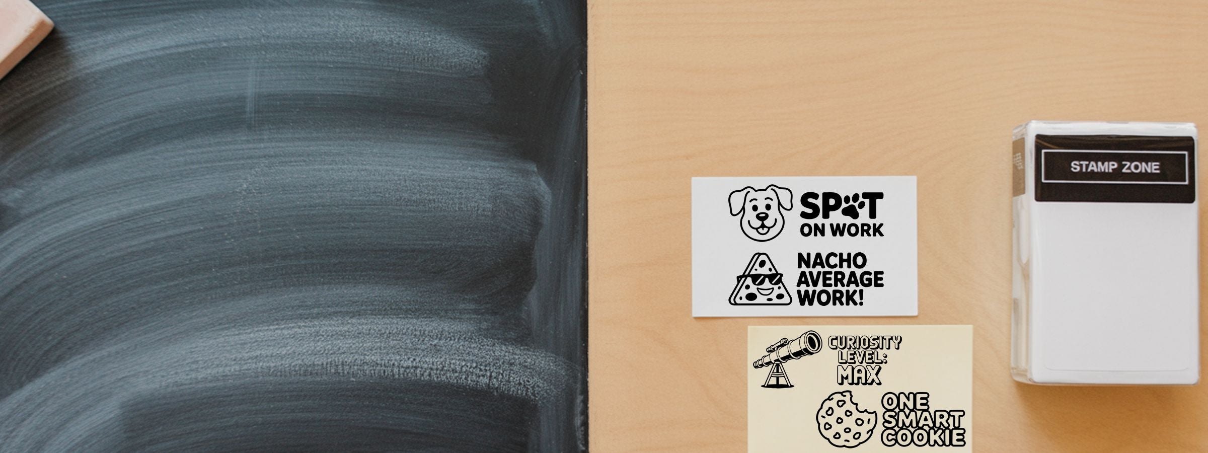 Grading and Academic Feedback Stock Stamps top-down on a desk with novelty stickers and a “STAMP ZONE” label.