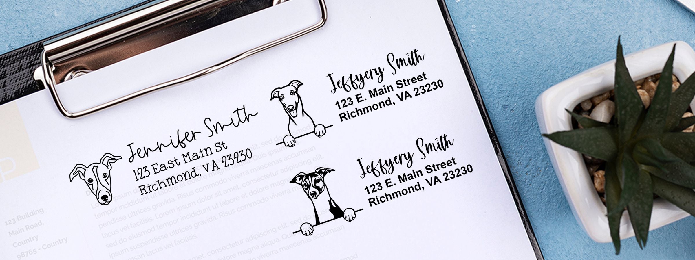 Clipboard with printed address labels for Jennifer Smith and Jefferry Smith, dog illustrations, and Greyhound Dog Stamps and Custom Seals.