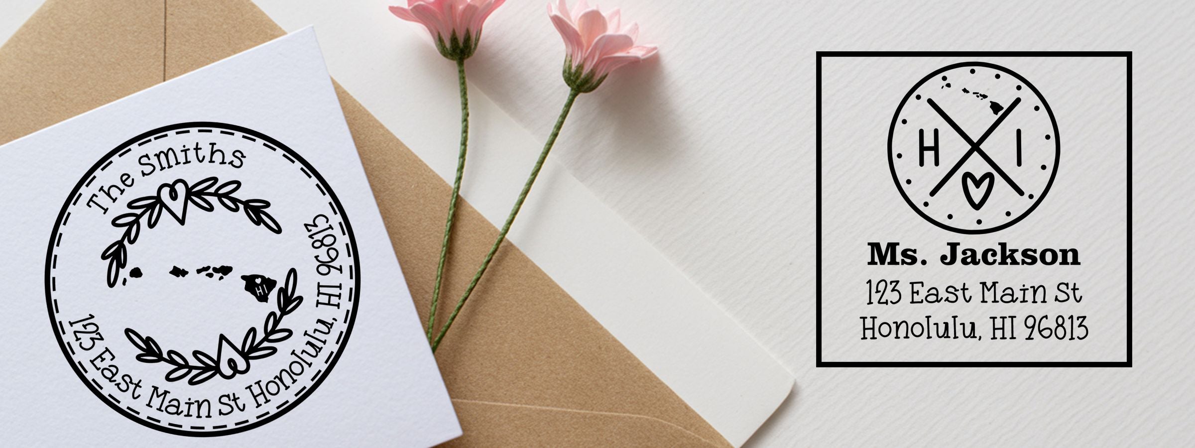 Stationery mockup with brown envelope, white card, and pink flowers, featuring Hawaii Designer Stamps and Seals: The Smiths circle and Ms. Jackson square labels.