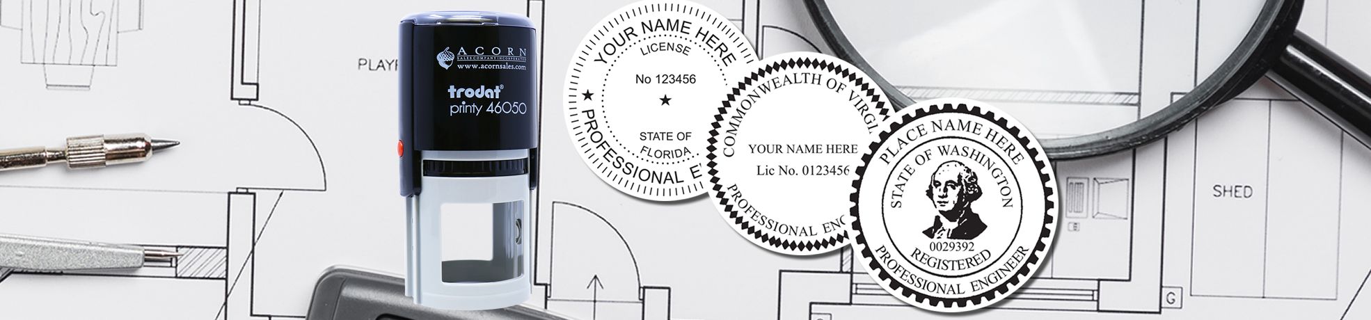 Three Professional Engineer Stamps & Professional Engineer Seals on an architectural blueprint with drafting tools and a magnifier.