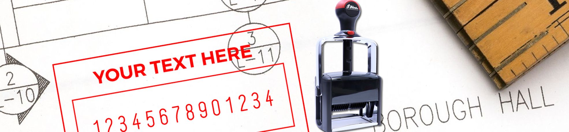 Rubber stamp over worksheet-style background with YOUR TEXT HERE, number line, and Line Number Stamps & Rotating Alphanumeric Stamps.