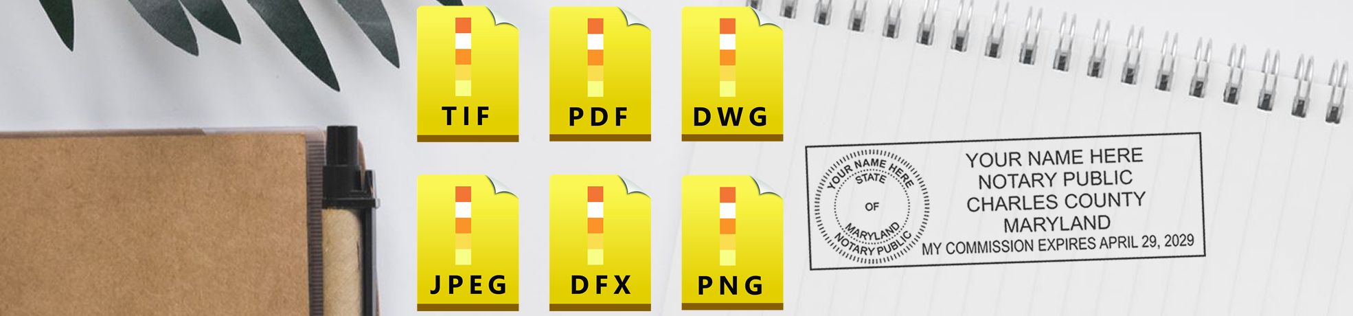 Notary Public eSeal & Electronic Seal Image with TIF, PDF, DWG, JPEG, DFX, and PNG file icons beside a notary stamp.