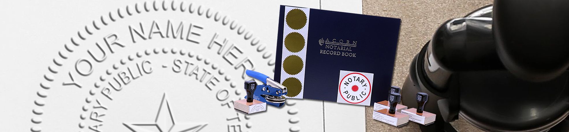 Notary public desk with record book, stamps, embossing seal, and “Your Name Here” graphic for Notary Public Embossing Seal Kits.