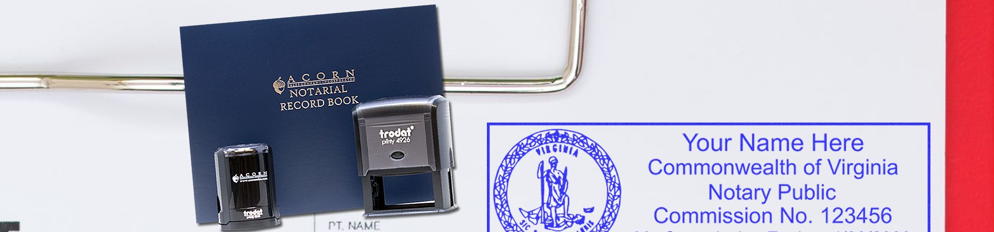 Notary Public Inked Stamp Kits display with Acorn record book, two stamp tools, and Virginia notary seal card labeled “Your Name Here”.