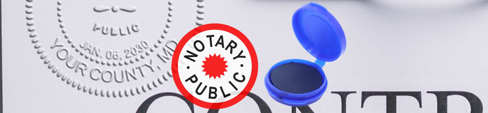 Close-up of a notary public seal with an open blue stamp on a document, from Notary Public Stamp & Notary Public Seal Supplies.