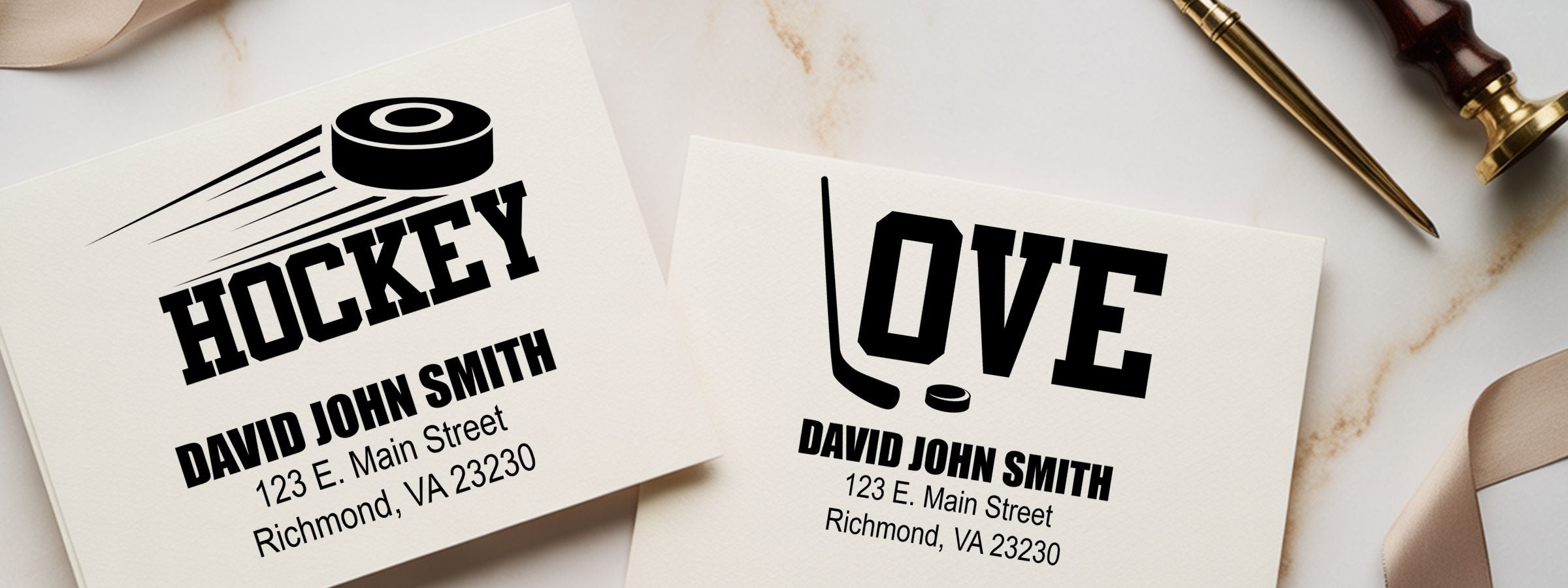 Hockey Designer Stamps business cards for David John Smith read HOCKEY and LOVE, with Richmond, VA address, wax seal stamp and ribbon.