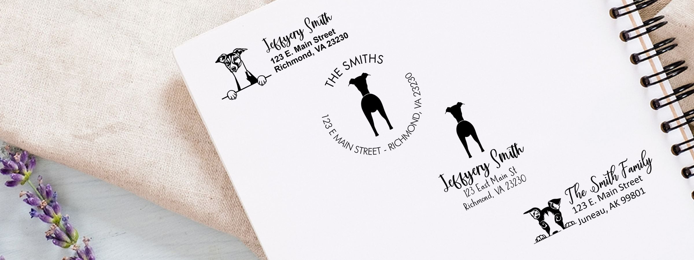 Spiral notebook on fabric with black-and-white dog name designs for Jeffery Smith and The Smith Family, Italian Greyhound Dog Stamps and Custom Seals.