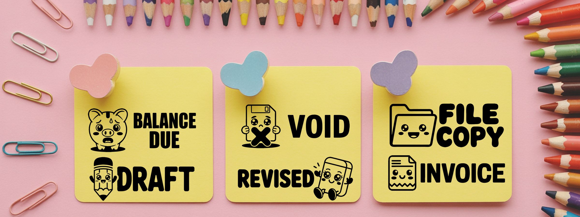 Kawaii Stock Stamps on yellow sticky notes: BALANCE DUE, DRAFT, VOID, REVISED, FILE COPY, INVOICE with cute office icons on pink background.