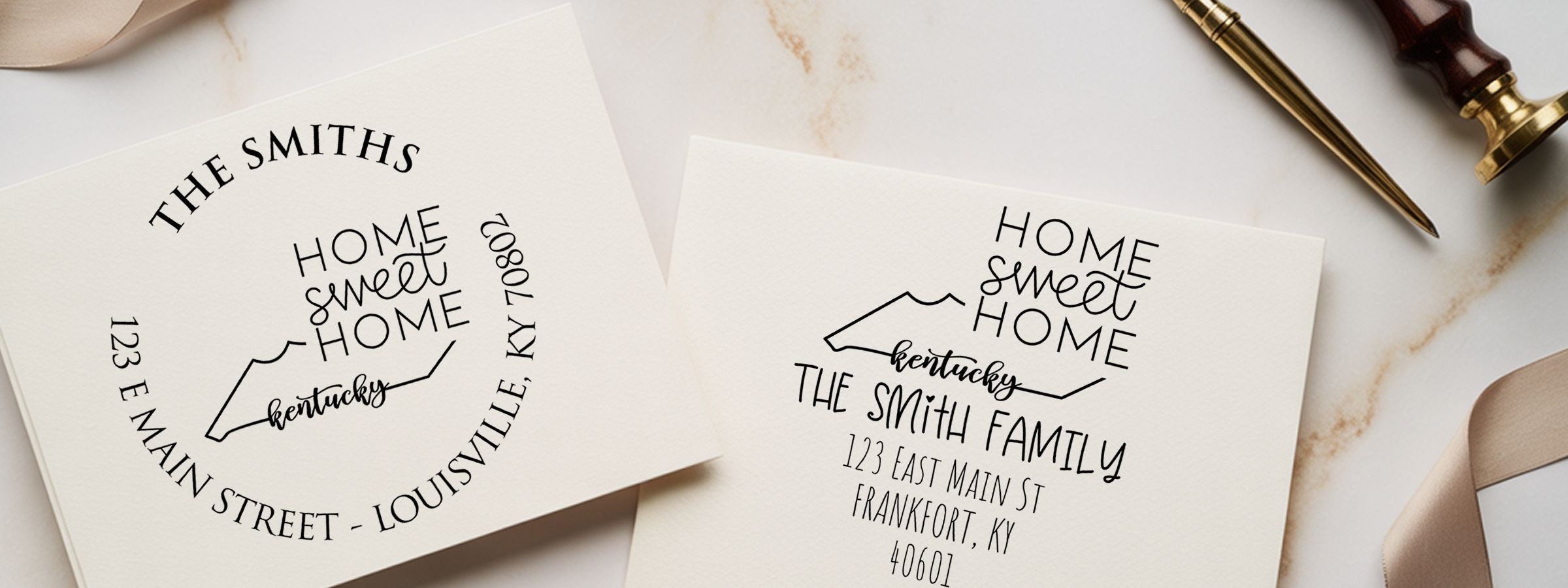 Kentucky Designer Stamps and Seals: Two personalized Home Sweet Home address prints, ribbon, and calligraphy pen on marble.