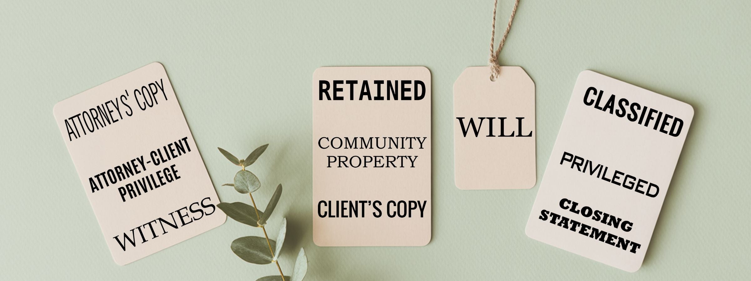 Legal and Court Stock Stamps on beige hanging tags and cards with Attorney-Client Privilege, Witness, Will, and a eucalyptus sprig.