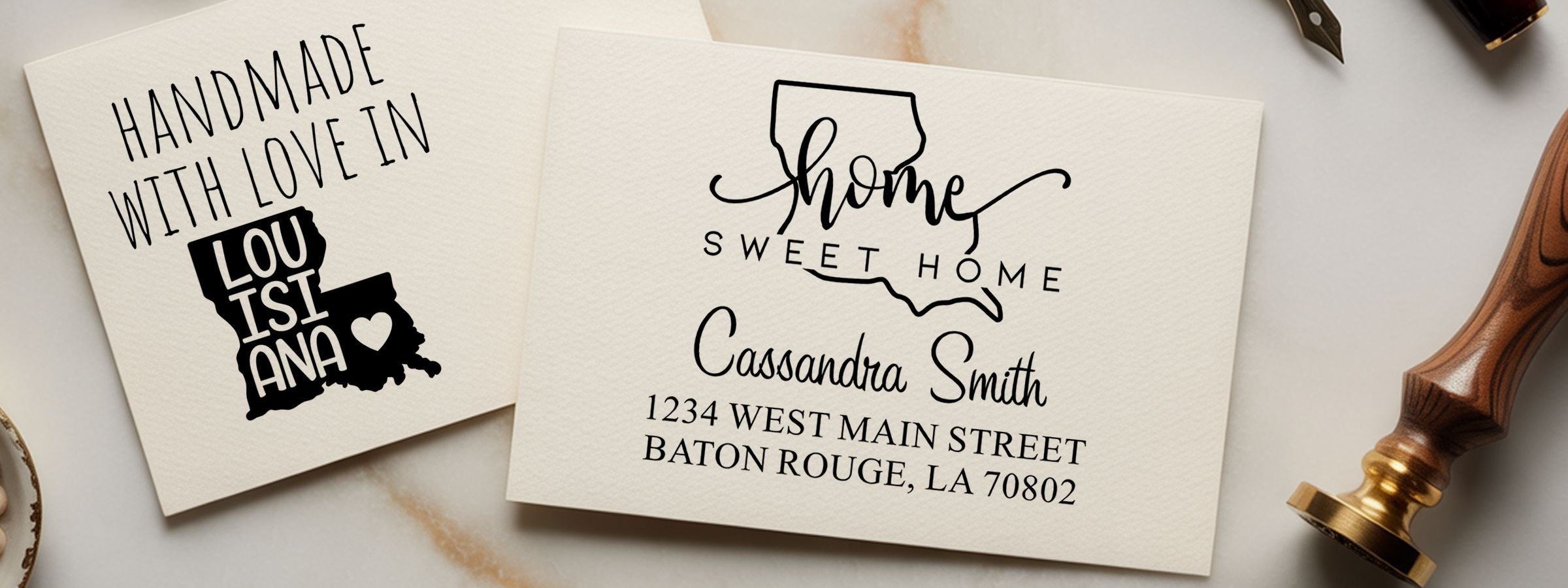 Louisiana Designer Stamps and Seals on two cream cards: Handmade with love in Louisiana and Home Sweet Home by Cassandra Smith, Baton Rouge.