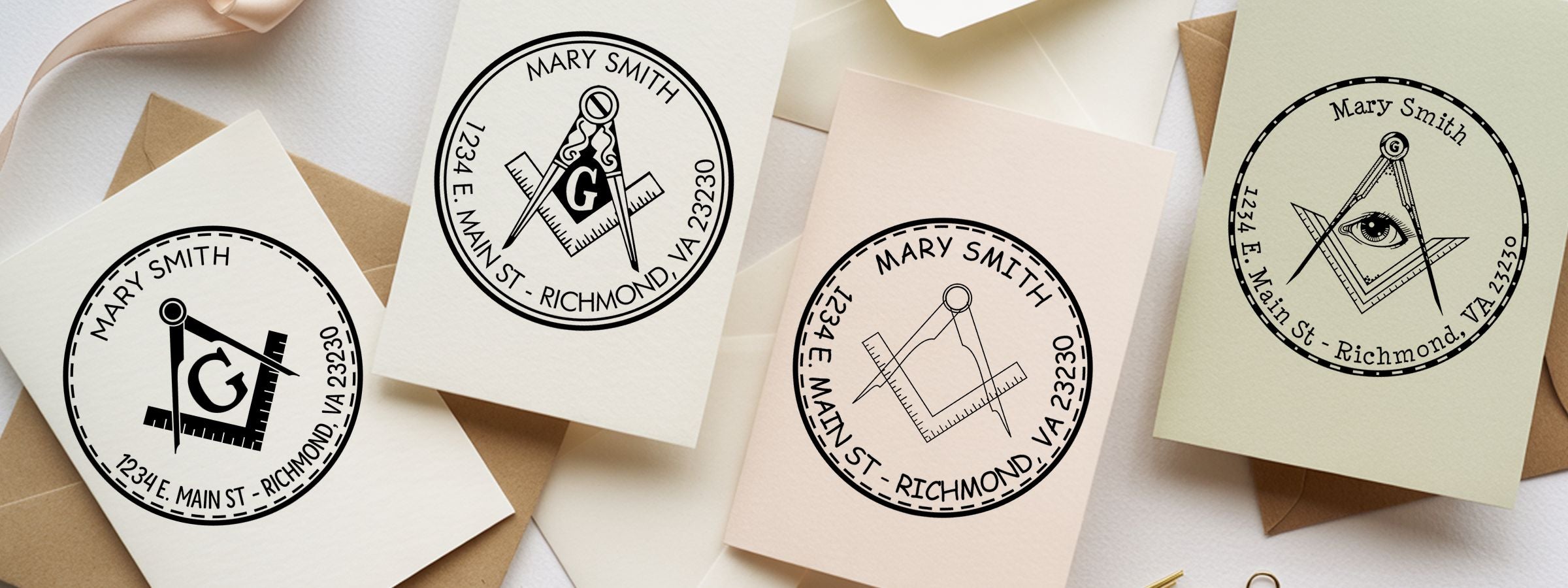 Assorted invitation cards and envelopes with Mary Smith monograms, compass-and-ruler symbols, address, and Masonic and Fraternal Designer Stamps.