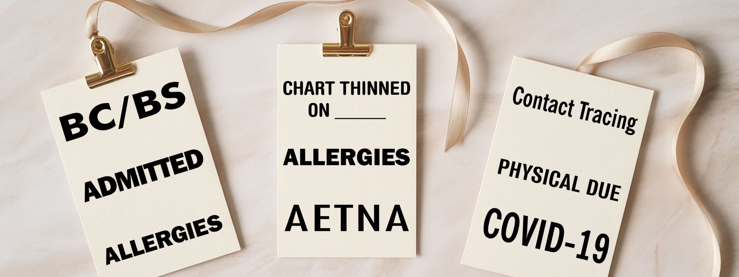 Medical and Healthcare Stock Stamps: three clipped note cards on a ribbon with BC/BS, ADMITTED, ALLERGIES, AETNA, COVID-19, and Contact Tracing labels.