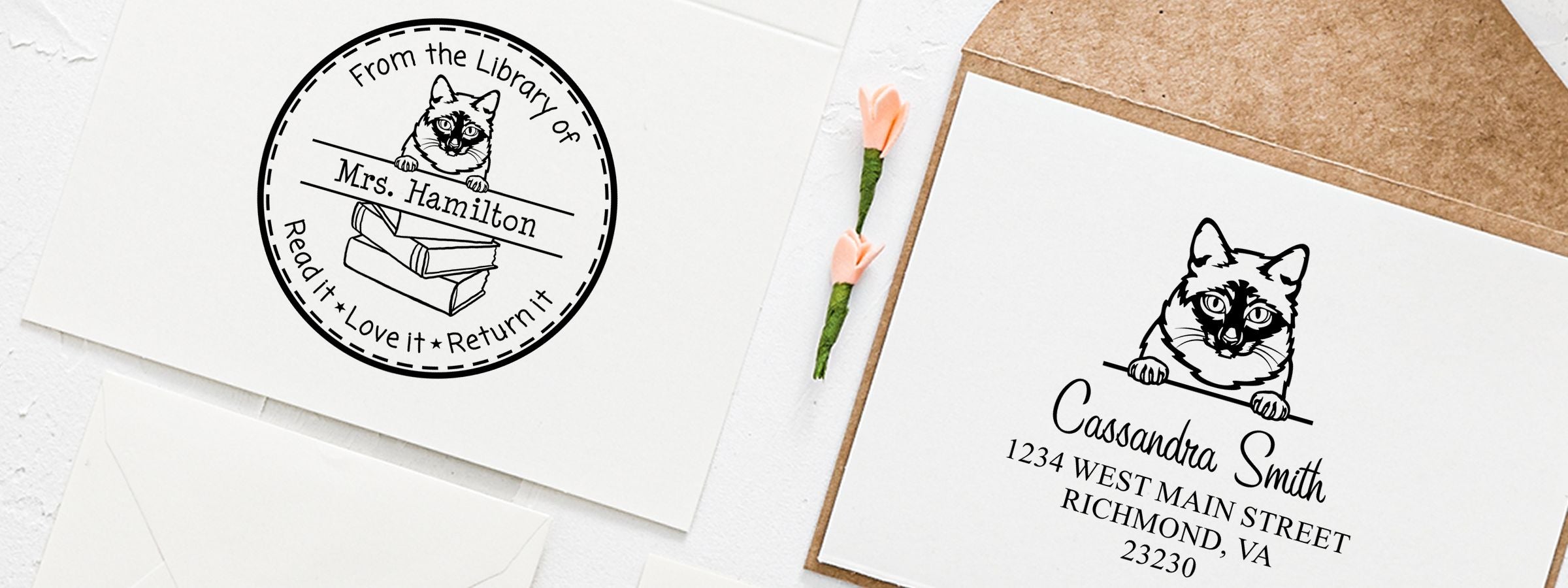 Personalized stationery mockup with Mekong Bobtail Cat Stamps and Custom Seals on white envelopes for Mrs. Hamilton and Cassandra Smith, Richmond, VA.