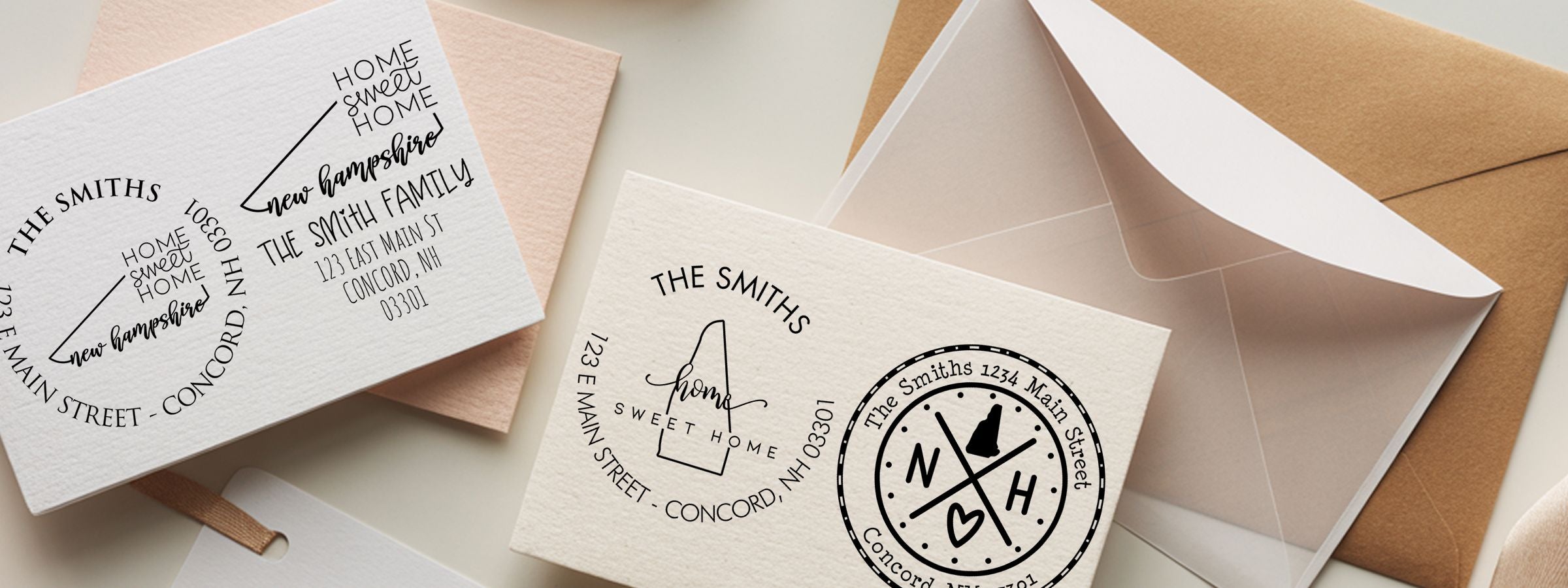 Custom wedding invitation envelopes and cards with tan envelopes, black text, Concord NH addresses, and New Hampshire Designer Stamps and Seals.