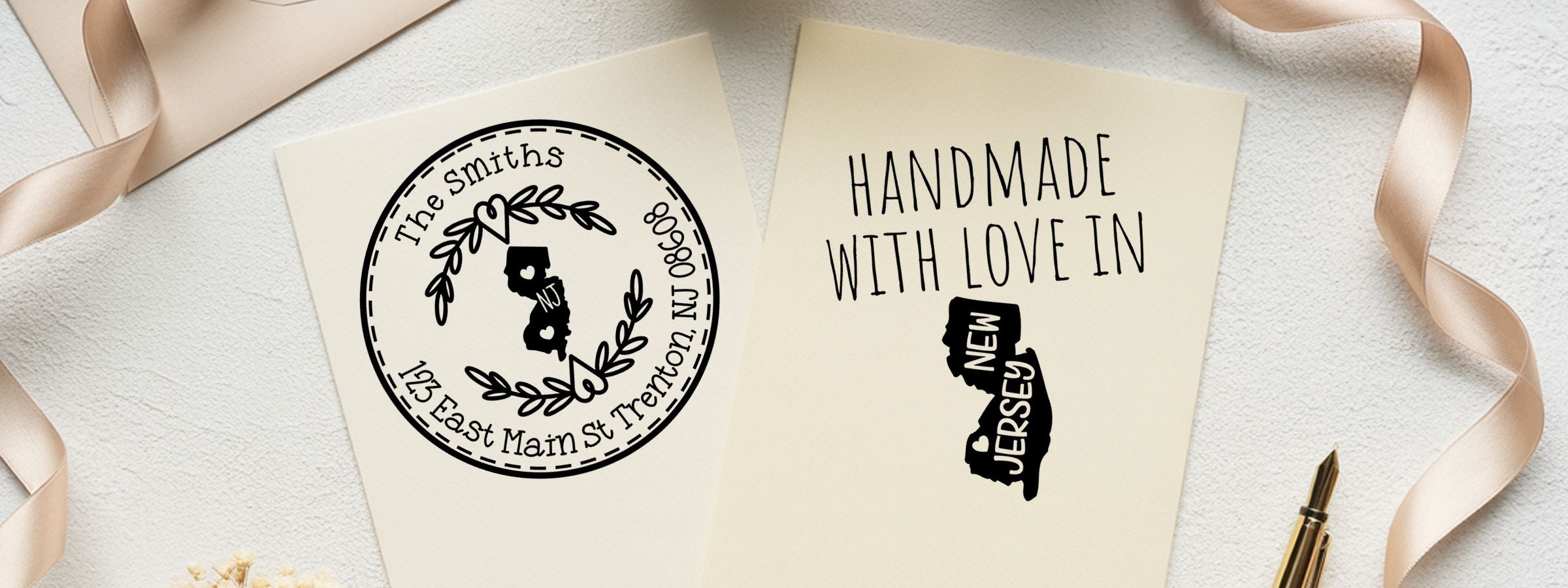 Handmade cream cards featuring New Jersey Designer Stamps and Seals, with New Jersey logo, “The Smiths” address, and “Handmade with Love in New Jersey.”