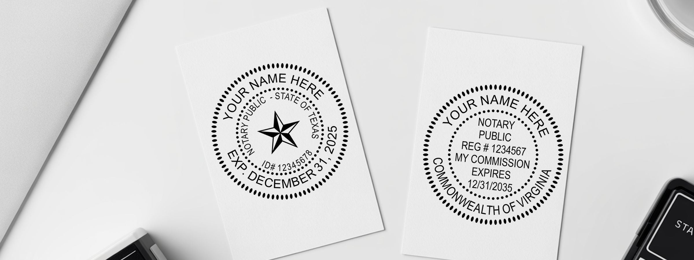 Notary and Compliance Stock Stamps on white cards showing Texas and Virginia sample notary seal designs with expiration details.