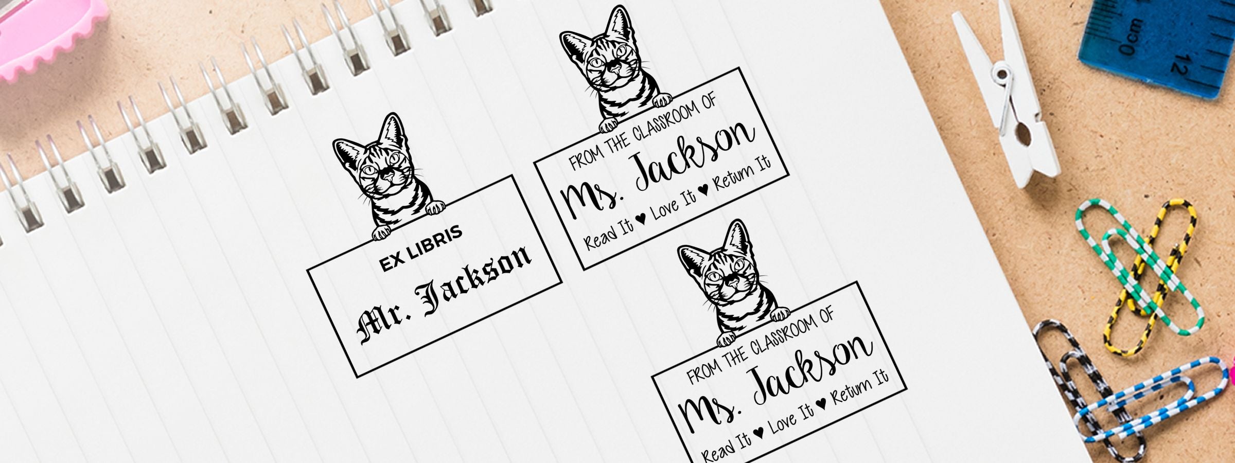 Cat-themed notebook page with Mr. Jackson and Ms. Jackson labels, school supplies, and Ocicat Cat Stamps and Custom Seals.