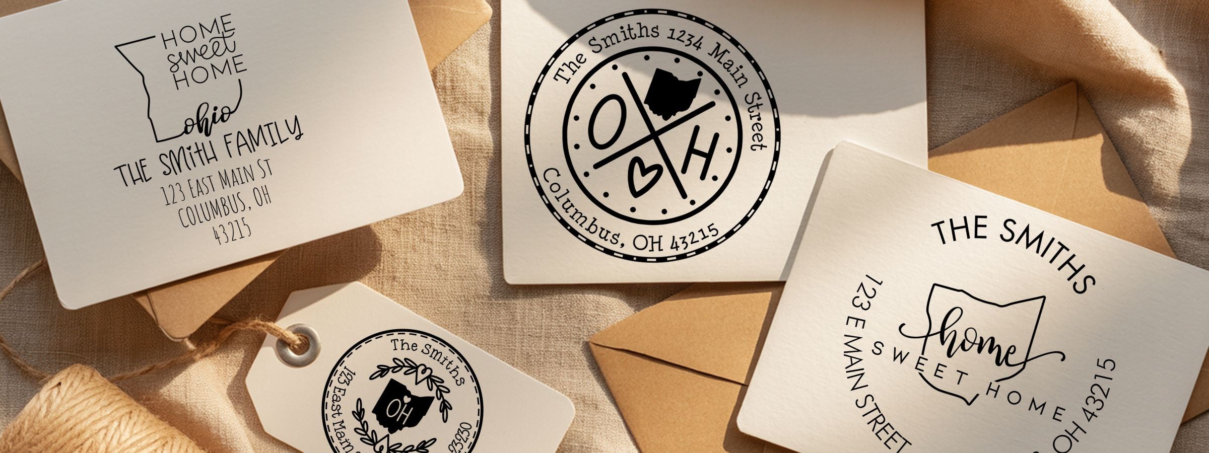 White stationery cards and tan envelopes with Ohio Designer Stamps and Seals “Home Sweet Home” designs for The Smiths, Columbus, OH East Main Street.
