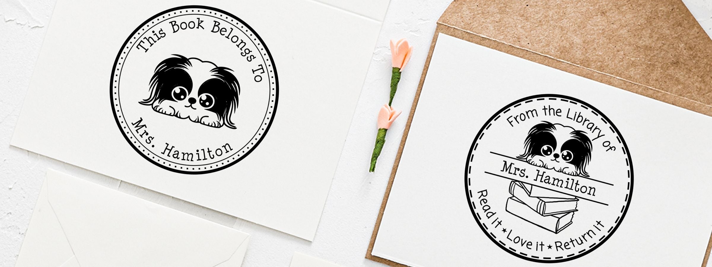 Pekingese Dog Stamps and Custom Seals: two Mrs. Hamilton bookplate stickers with black-and-white puppy and library return text.