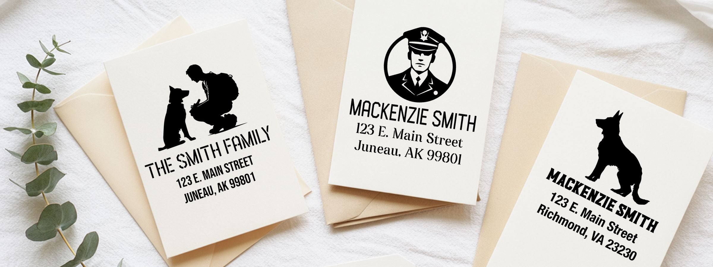 Three personalized greeting cards on cream envelopes with black silhouettes, names, addresses, eucalyptus leaves, and Police Designer Stamps.