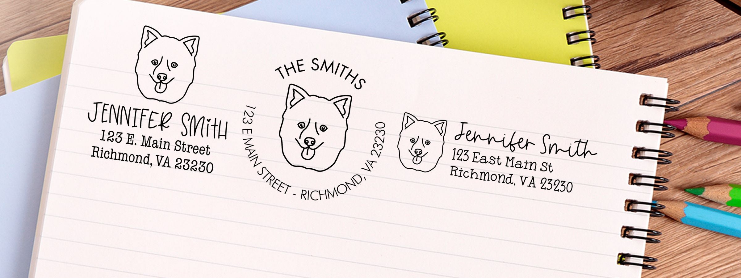 Notebook mockup with three personalized return address labels, dog face logo, Jennifer Smith, Pomsky Dog Stamps and Custom Seals.