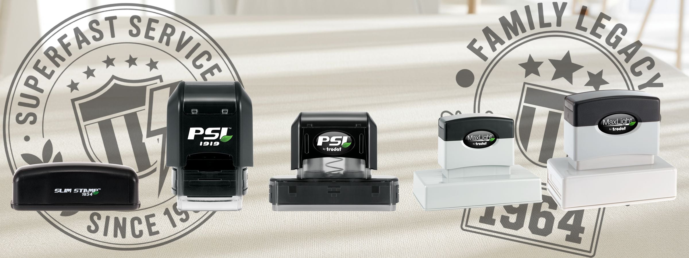 Pre-Inked Custom Stamps with PSI and MaxLight by Trodat self-inking stamp products in black, gray, and white over legacy stamp graphics.