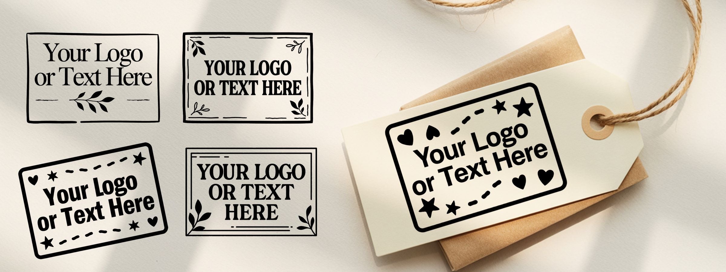 Custom Rectangular Stamps mockup with five black-and-white logo designs, leaves, stars, hearts, and a kraft gift tag.