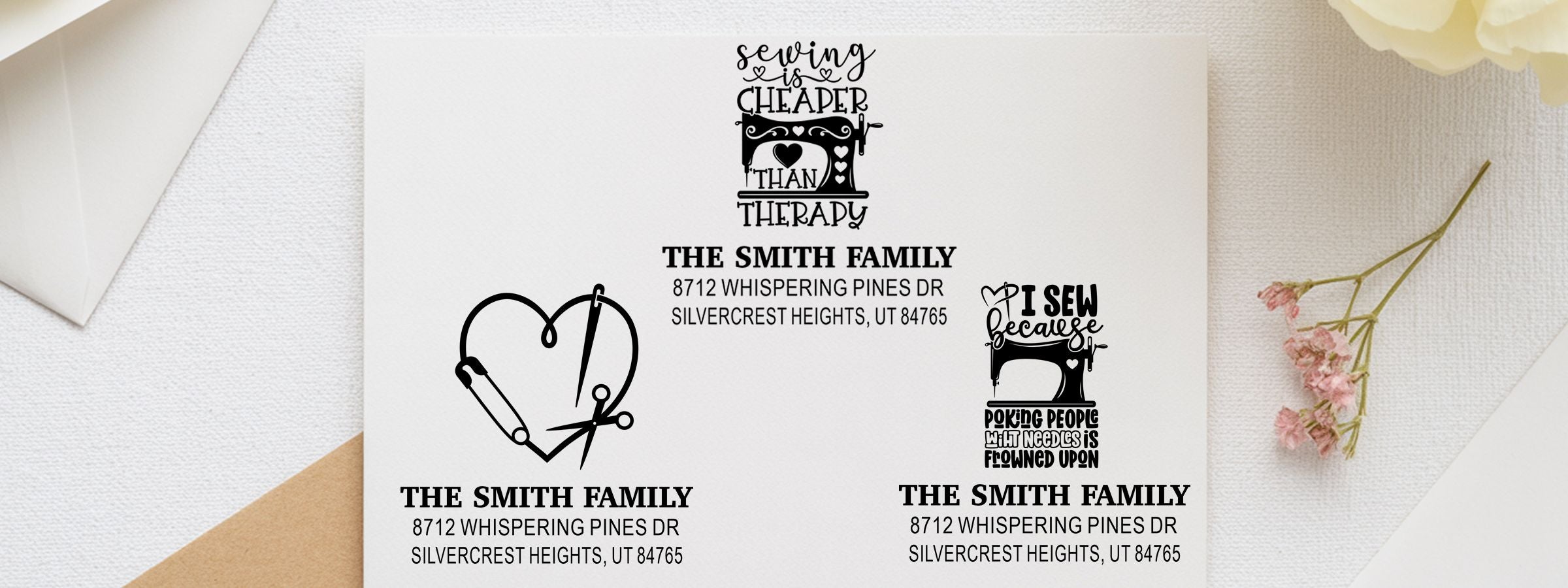Mockup of sewing-themed address labels for The Smith Family with witty quotes and floral accents; Sewing and Crafts Designer Stamps