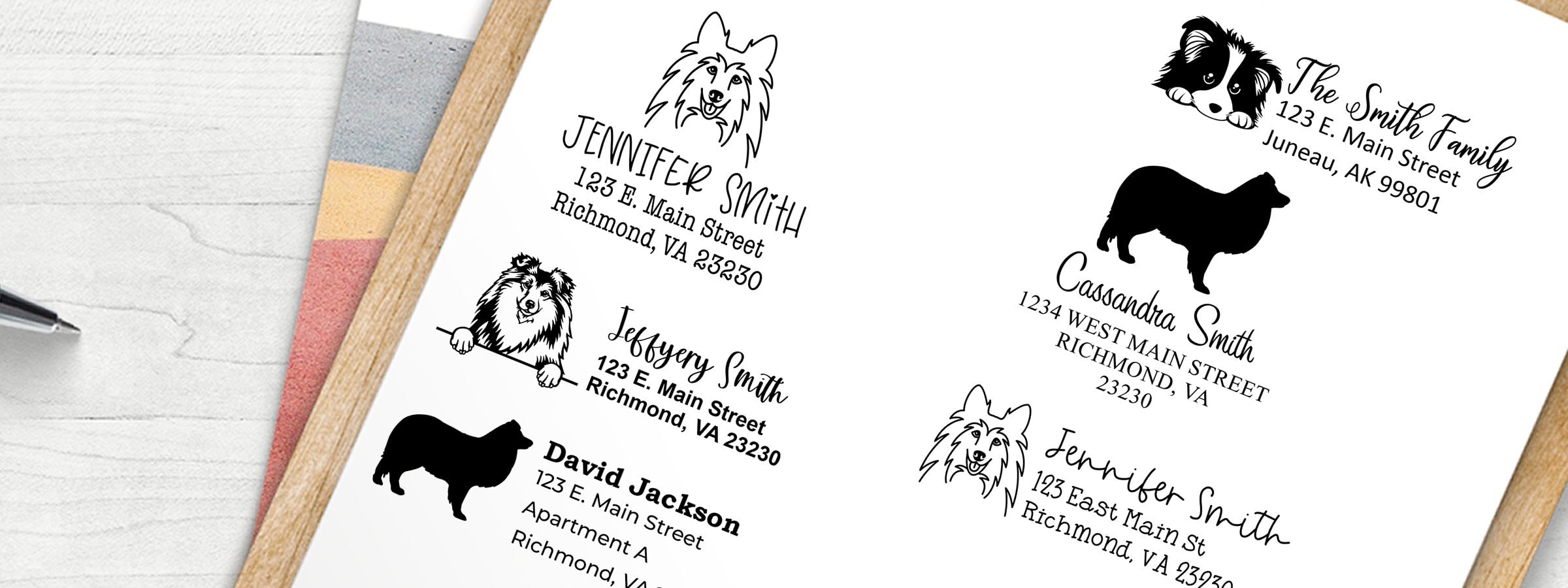 Sheet of black-and-white dog address labels on a desk beside a notebook and pen; Shetland Sheepdog Dog Stamps and Custom Seals.
