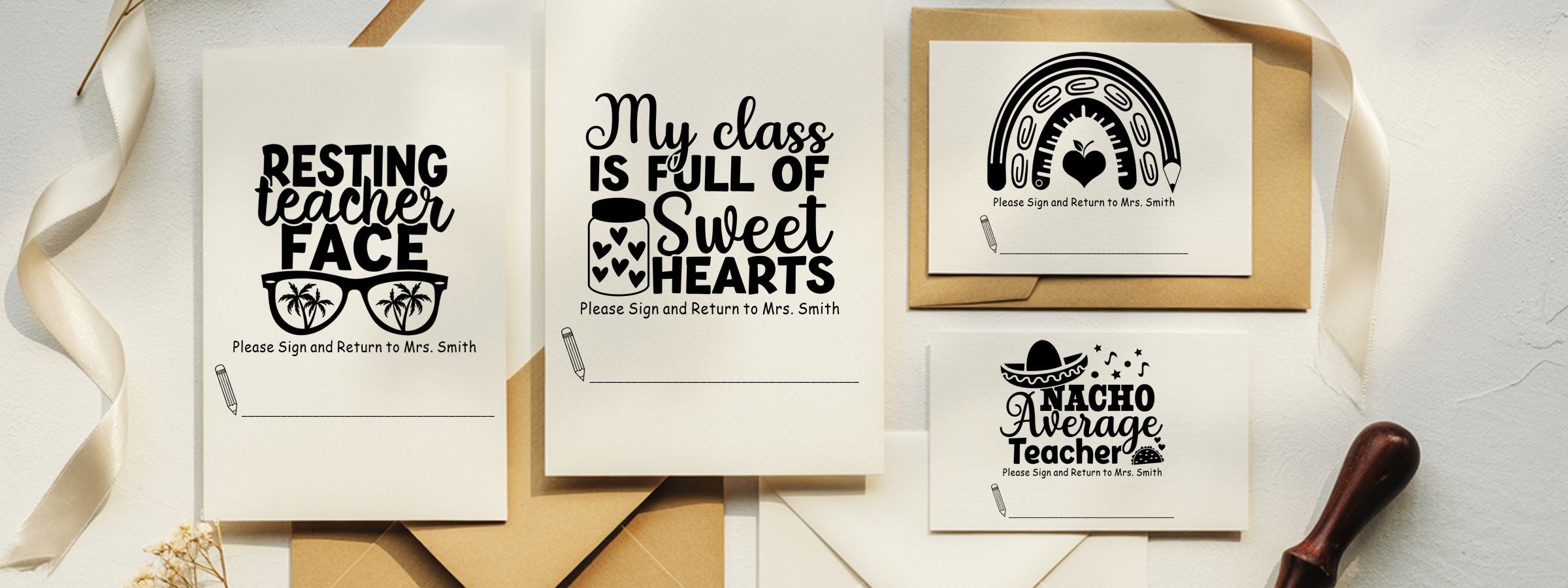 Flat lay of teacher cards and envelopes with humorous text, ribbon, wax seal, and Sign and Return Designer Stamps.