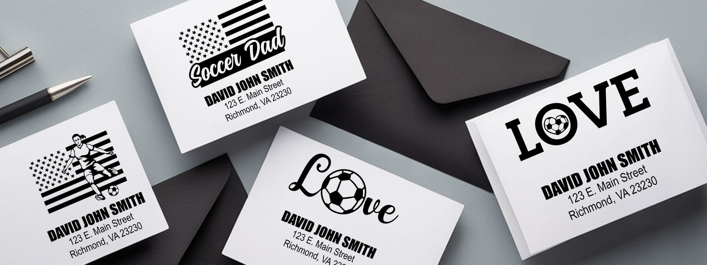 Soccer Designer Stamps on soccer-themed cards and envelopes with Soccer Dad, LOVE, and player designs for David John Smith.