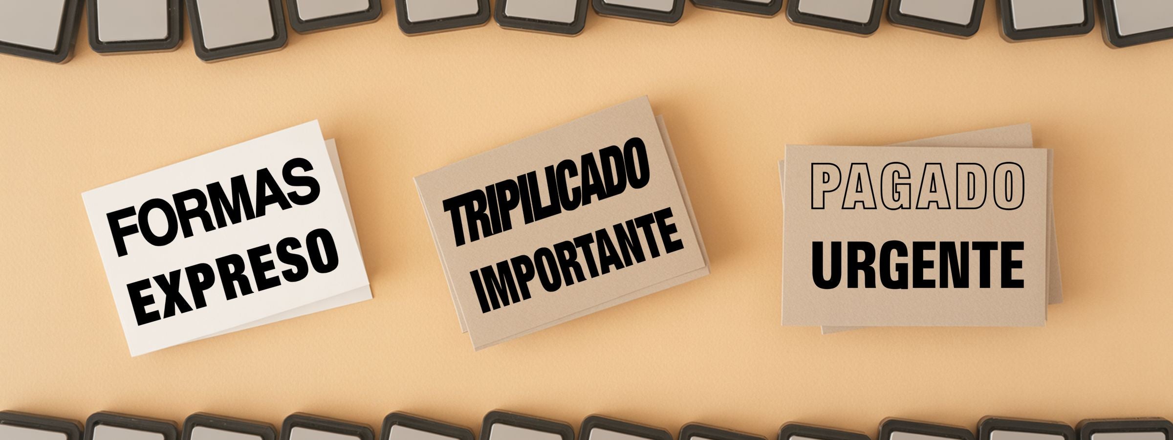 Spanish Phrases Stock Stamps on beige background: stacked cards labeled “FORMAS EXPRESO,” “TRIPLICADO IMPORTANTE,” and “PAGADO URGENTE.”