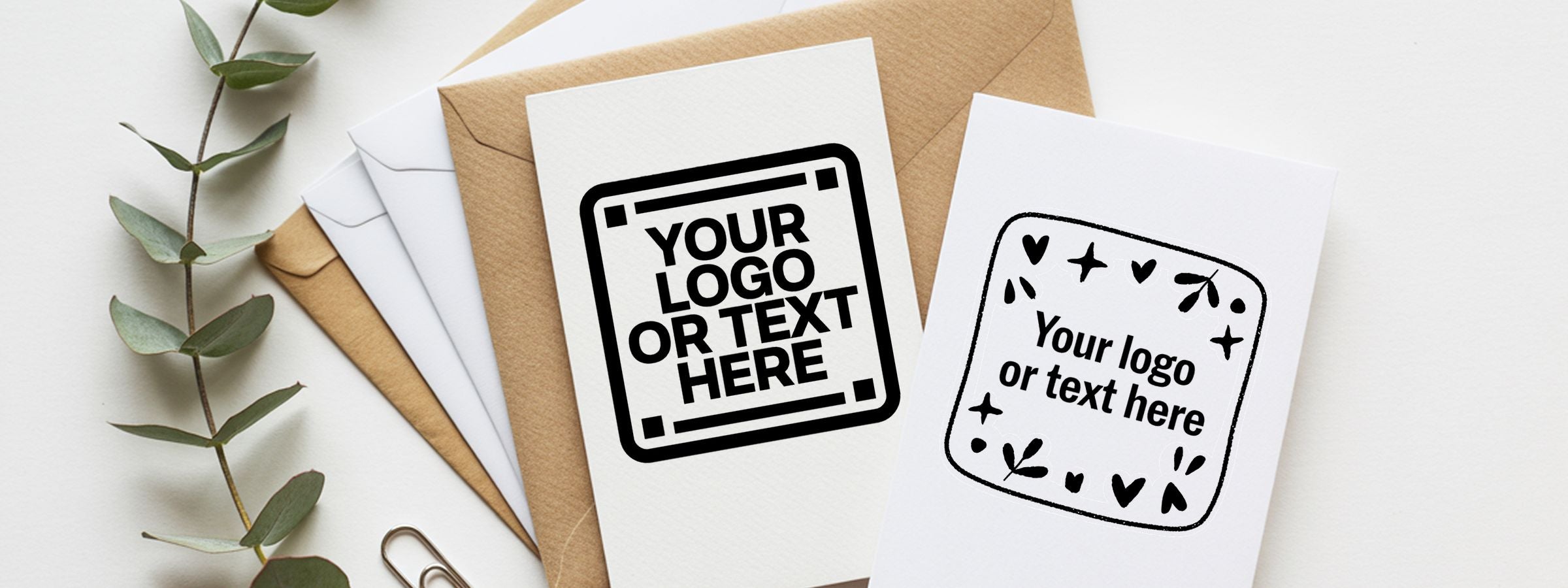 Flat lay of blank white cards and kraft envelopes with logo placeholders beside eucalyptus on a light background for Custom Square Stamps.