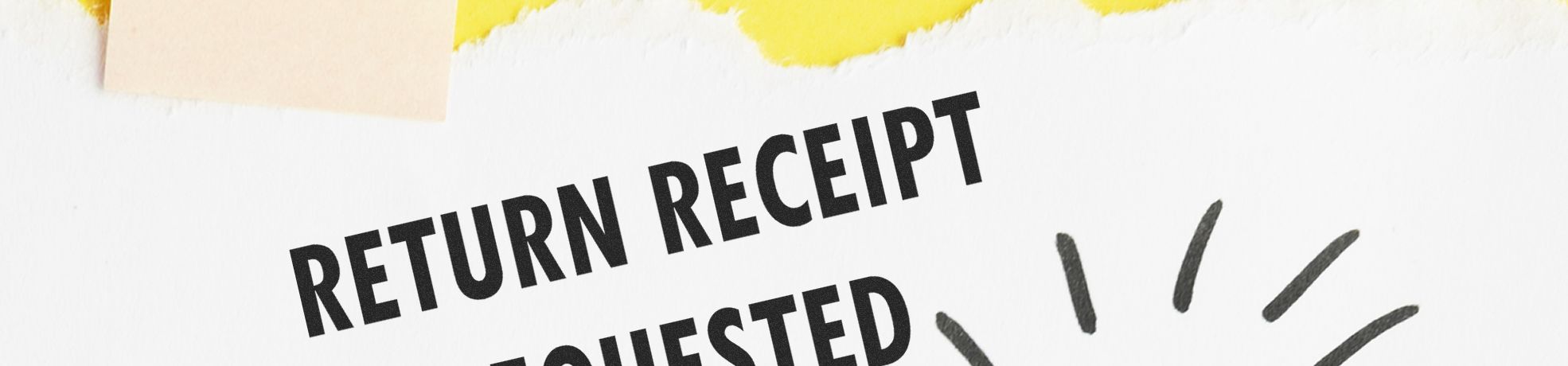 Close-up of a white return receipt document labeled RETURN RECEIPT, stamped with Small Self Inking Stock Stamps and REQUESTED visible.