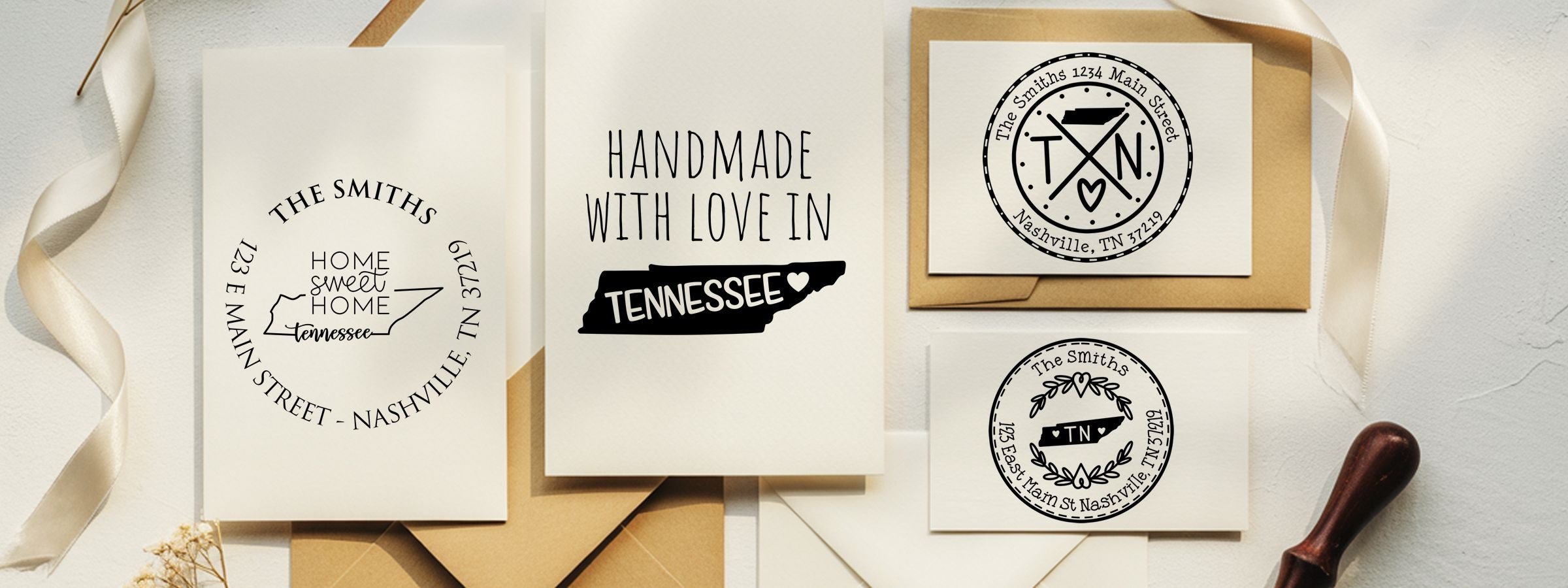 Four Tennessee and Nashville-themed greeting cards with black lettering, ribbons, and envelopes from Tennessee Designer Stamps and Seals.