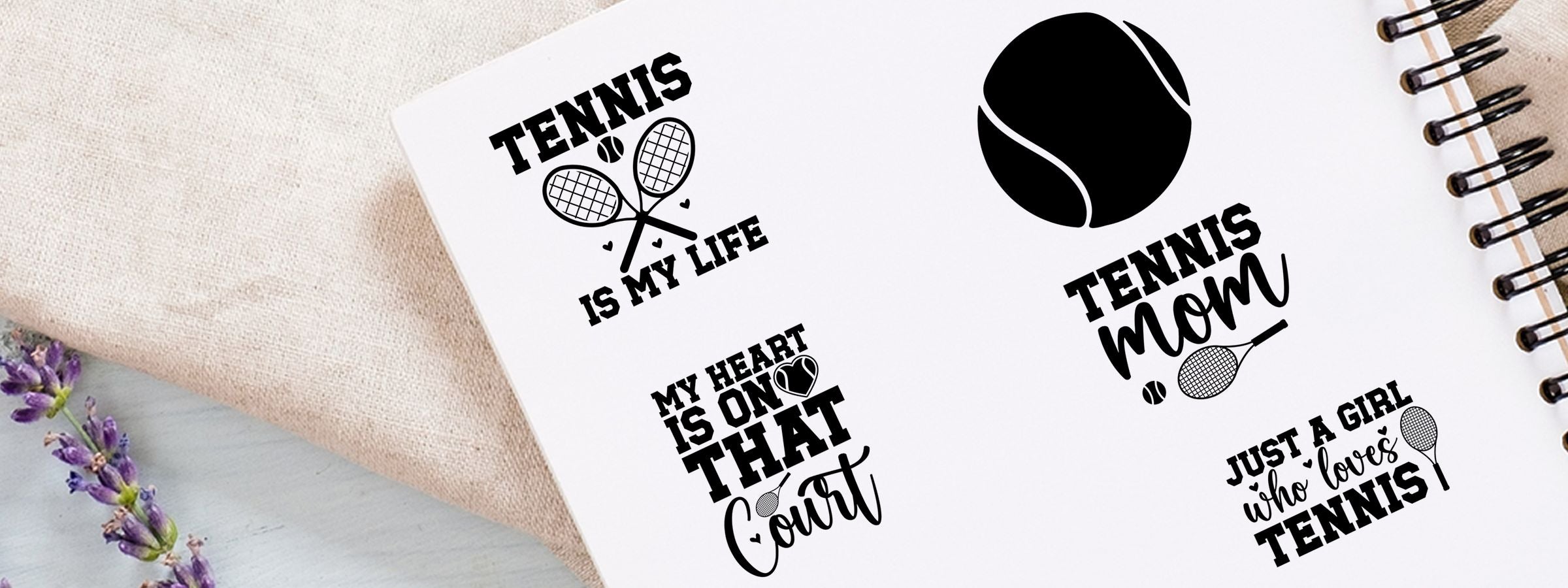Spiral notebook with black tennis-themed quotes and icons, featuring Tennis Craft Stamps designs like “Tennis is my life” and “Tennis mom.”