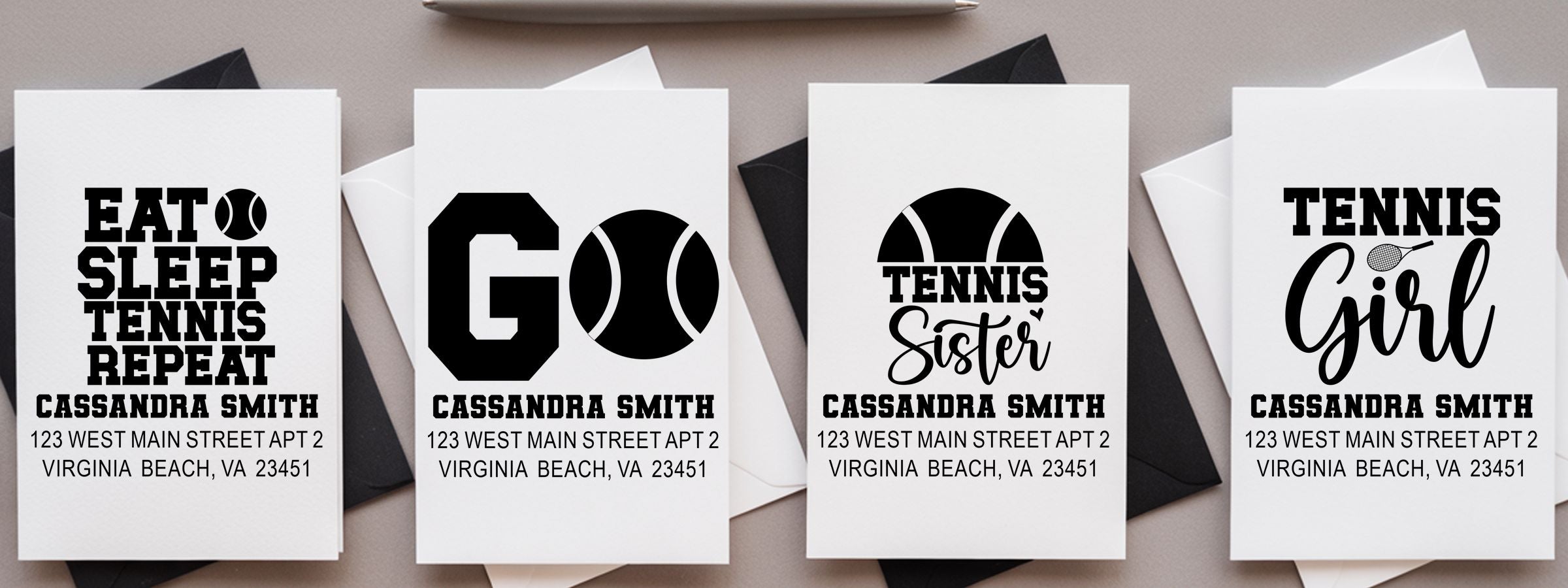 Four tennis-themed personalized cards with black envelopes, Cassandra Smith address, and Tennis Designer Stamps.