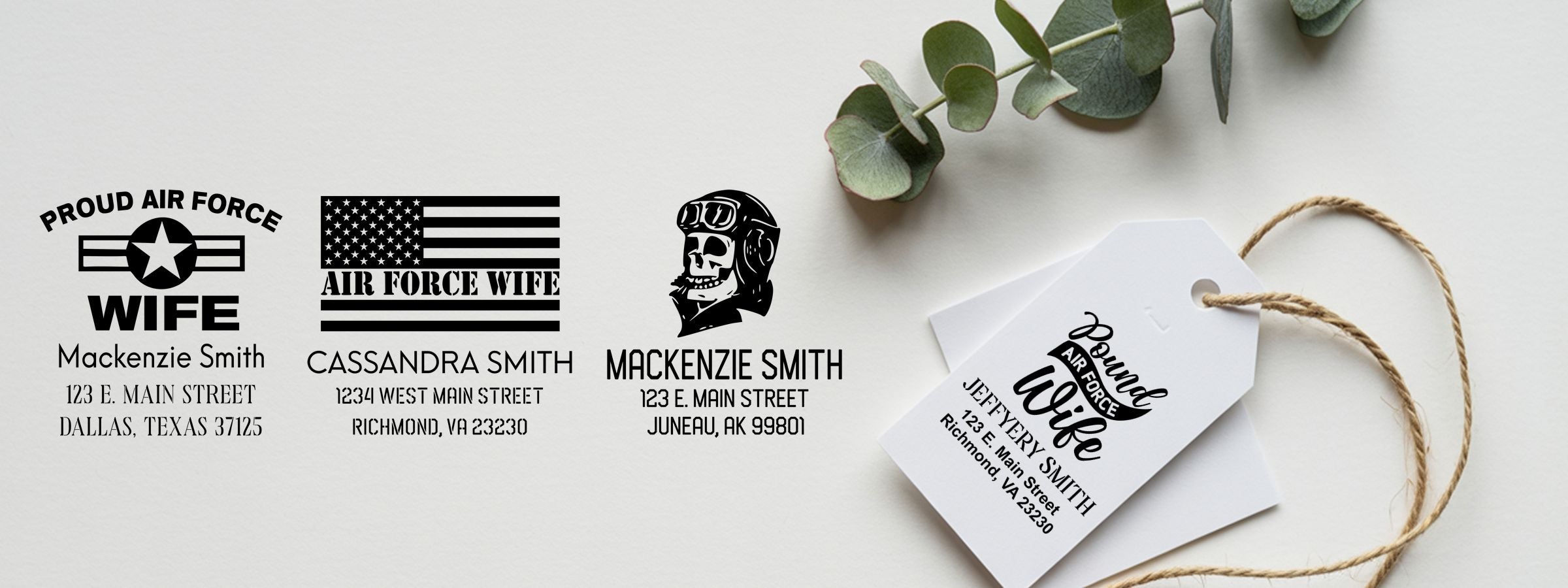 US Air Force Designer Stamps mockup of personalized Air Force wife address labels and gift tags with eucalyptus and twine.