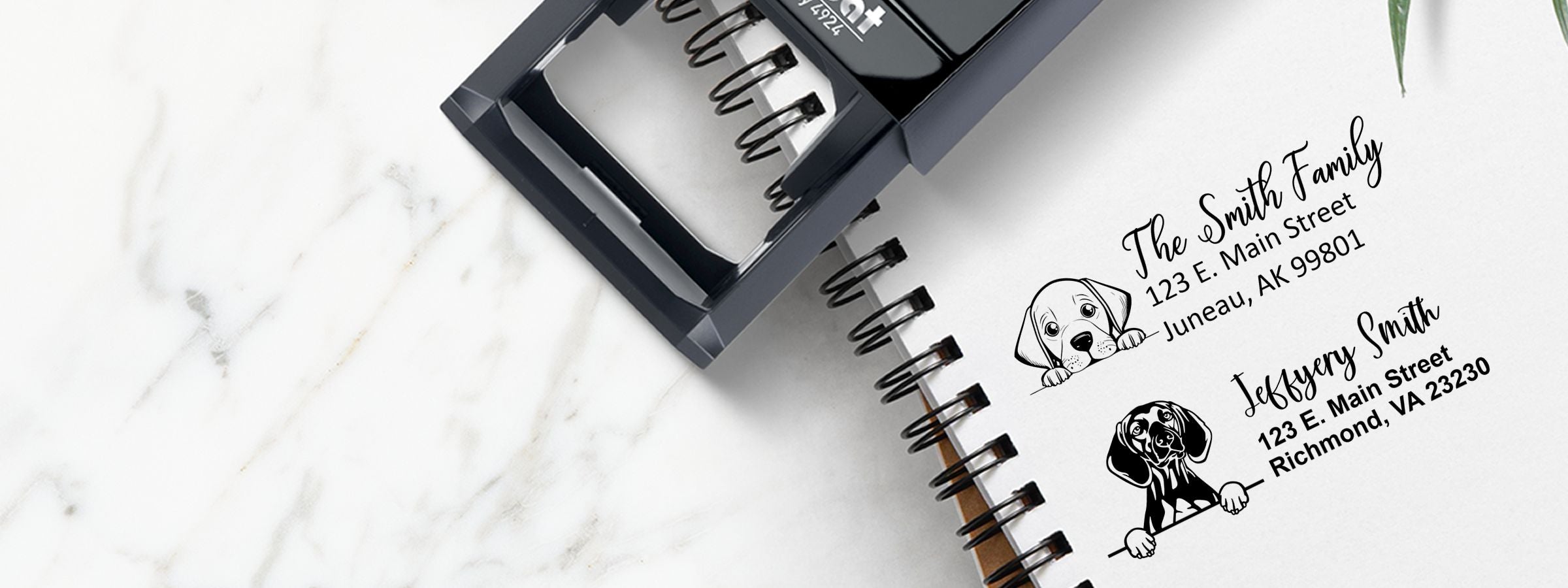 Vizsla Dog Stamps and Custom Seals on a marble surface with custom address stamp and pet-themed designs for The Smith Family and Jeffery Smith.