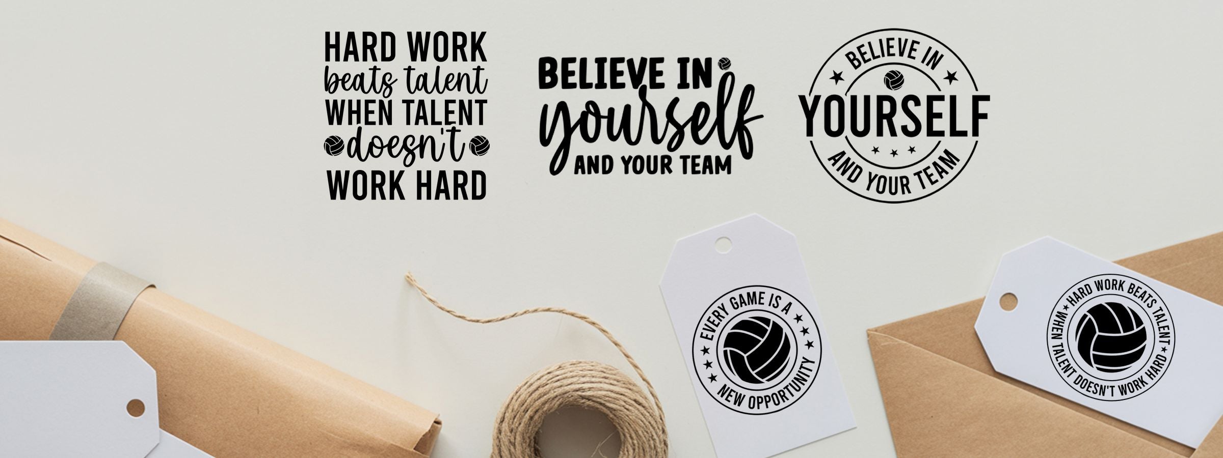 Volleyball Craft Stamps mockup with black motivational quotes on a white wall above kraft packages and gift tags.