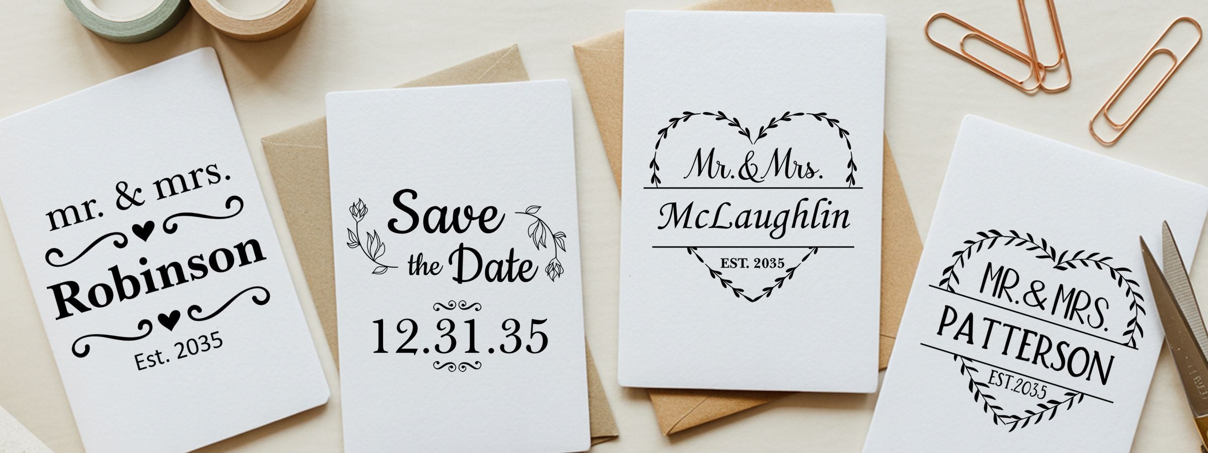 Wedding and Romance Designer Stamps on four personalized wedding stationery cards with custom names and Save the Date details.