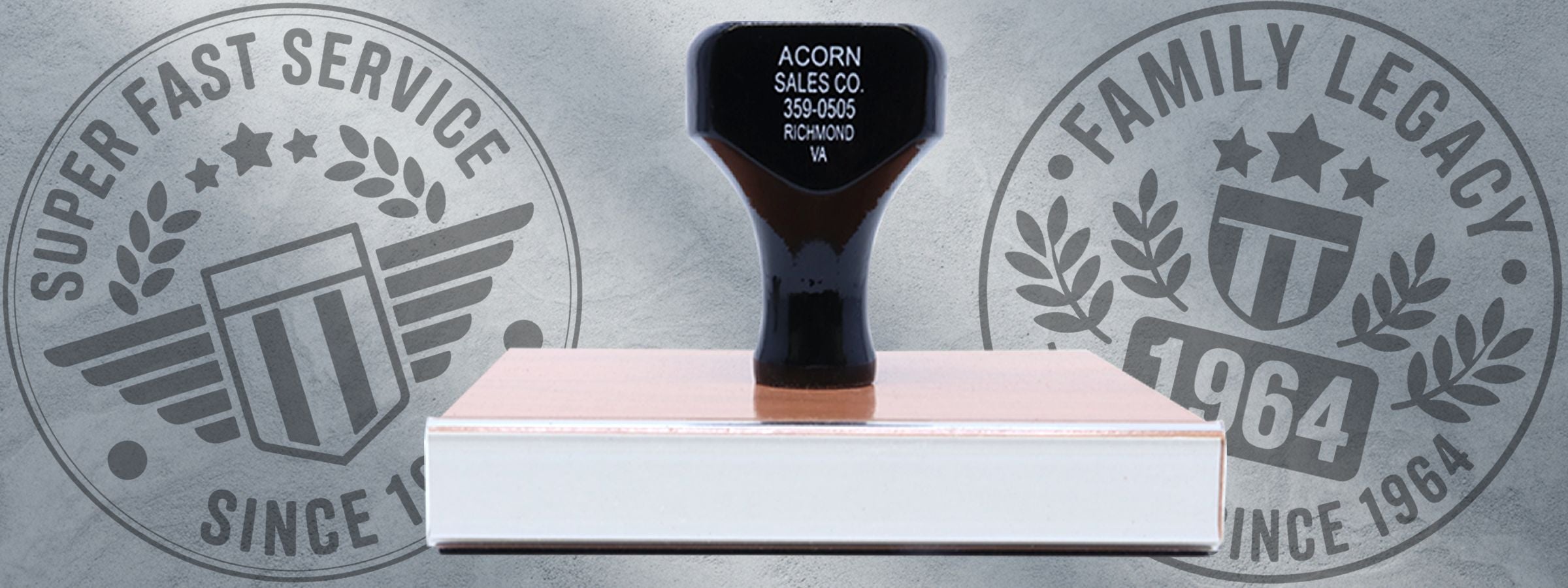 Custom Wood Handle Stamps: black self-inking stamp on white base with faded Super Fast Service and Family Legacy 1964 logos