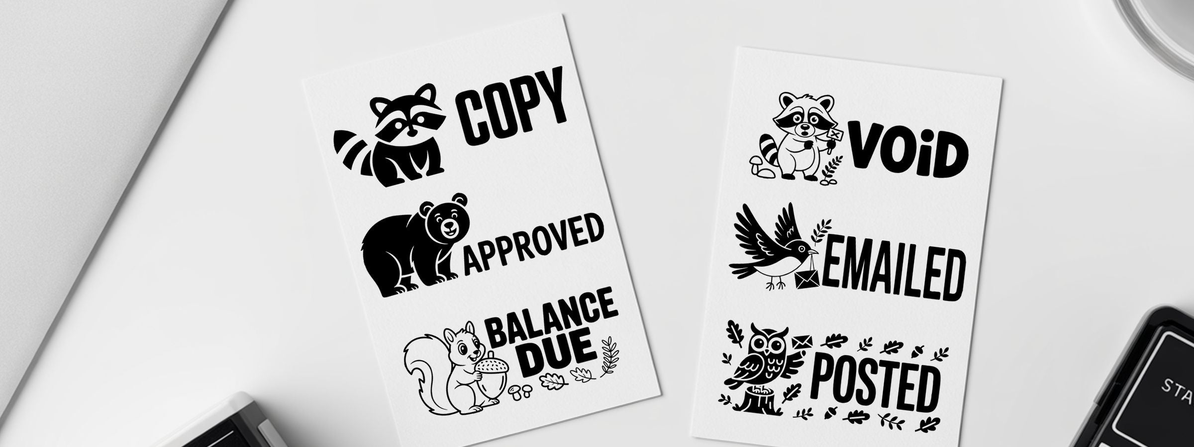 Woodlands Stock Stamps showing two sheets of cartoon office stamps labeled COPY, APPROVED, BALANCE DUE, VOID, EMAILED, POSTED.