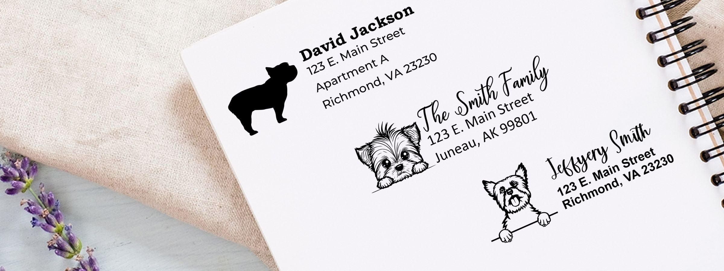 Spiral notebook with custom pet address labels on beige fabric, lavender sprig, featuring Yorkshire Terrier Dog Stamps and Custom Seals.