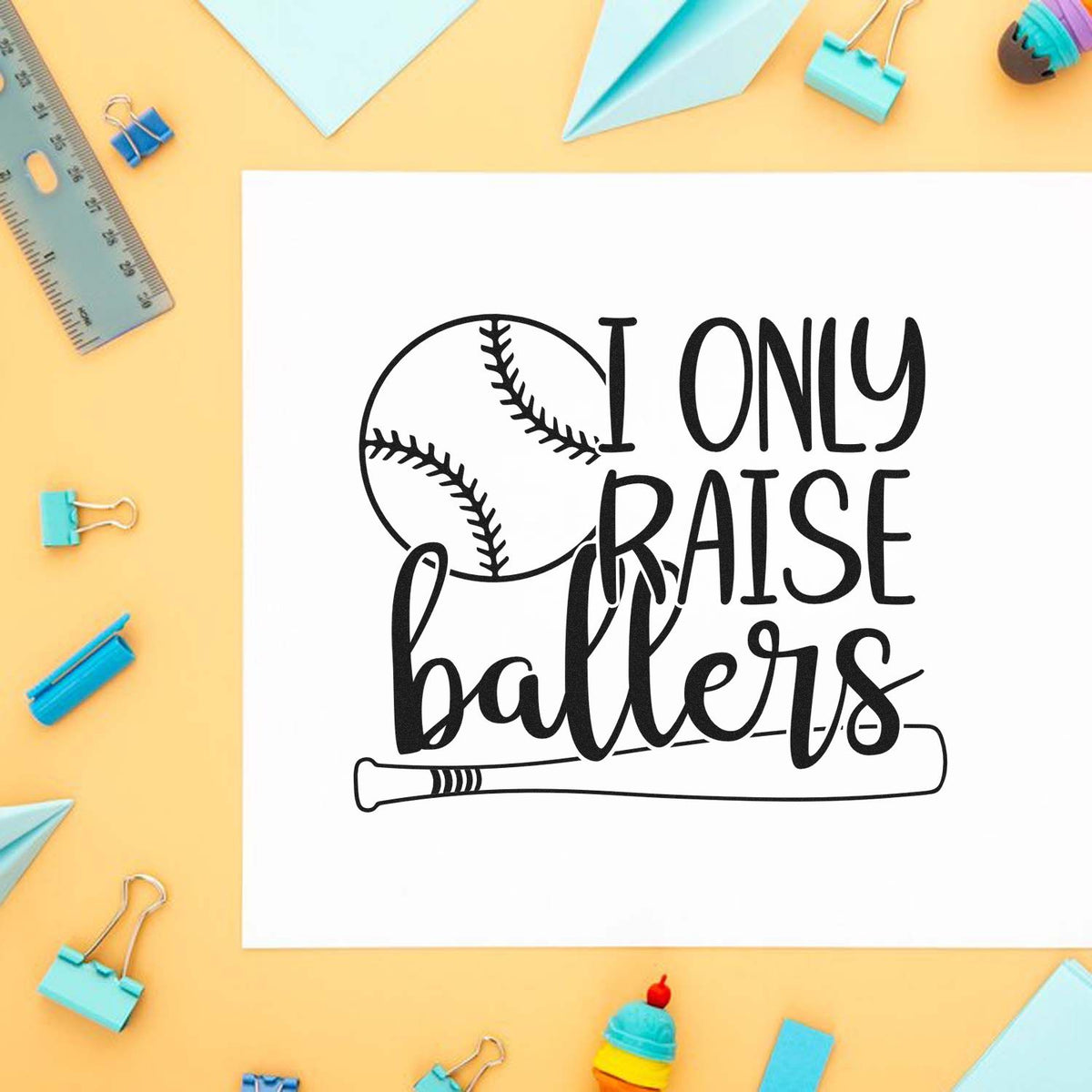 Baseball rubber stamp design reading I only raise ballers for youth sports crafts, scrapbooking, and custom handmade cards.