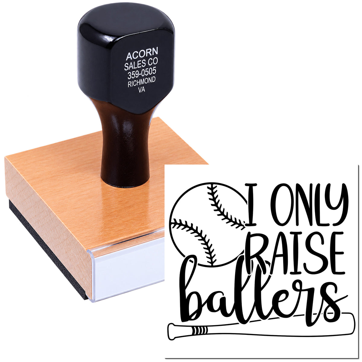 Custom baseball rubber stamp with I Only Raise Ballers design for youth sports, coaches, and team branding.