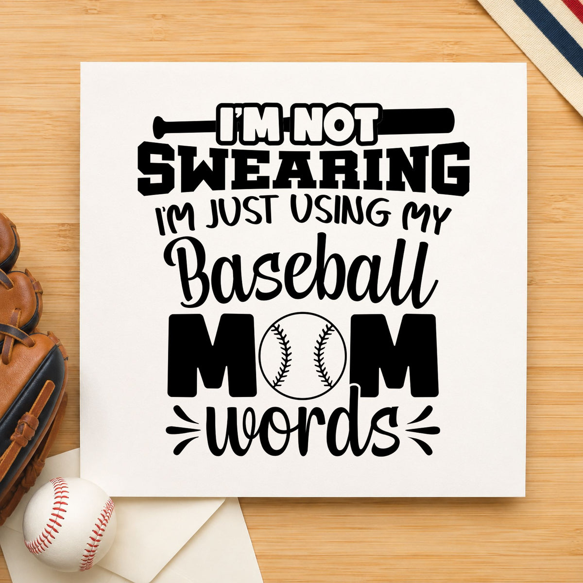 Baseball Mom Words craft stamp in black ink on cardstock, an easy option for team parent gift tags.